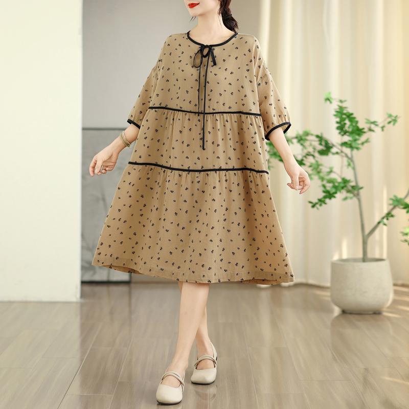 

Dimanaf Платье-блузка изо льна большого размера для женщин 2025 с принтом Новый летний стиль Рубашка с круглым вырезом Свободная Новинка 2XL хаки