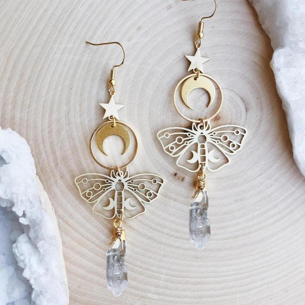 Vintage Hollow-out Butterfly Pendant Earrings Bohemian Moon Moth Ear Hooks Natural Stone Jewelry Accessory Gifts For Women Girls