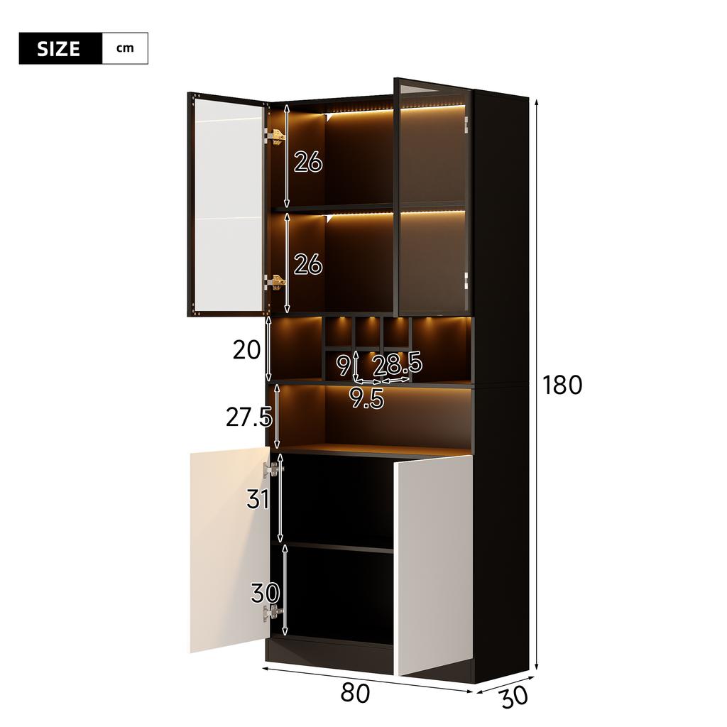 LED-Illuminated Glass Display Cabinet, Tall Cabinet 80x30x180 cm - Tempered Glass, Open Shelves, 2 Doors. Suitable for Living Room and Dining Room