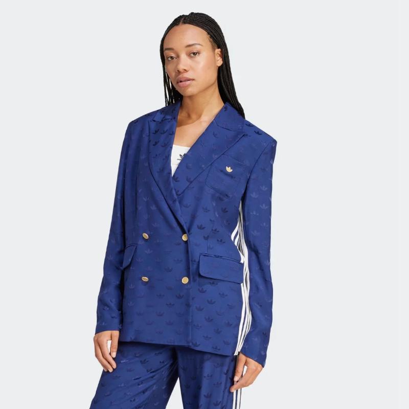 Adidas Originals Solid Color Logo Jacquard Casual Women Blazer Navy IX0935