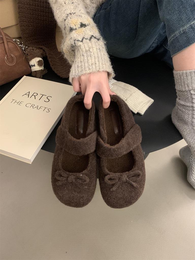 Xiaoxiangfeng bow gray inner heightening fleece Birkenstocks thick-soled Mary Jane light-mouth fluffy shoes
