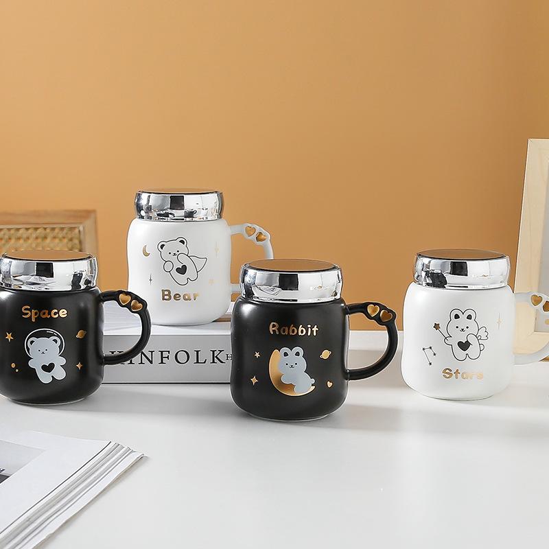 Par Keramisk Kopp med Lokk Speilkopp Søt Bjørn Krus Jente Stor Kapasitet Vannkopp Studentkopp