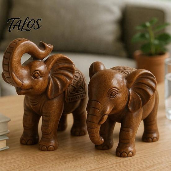 Compact Shelf Statue Elephant Figurine Ornament, Resin Wood Grain Statue, Auspicious Traditional Chinese Craft Animal Sculpture for Home Office Living