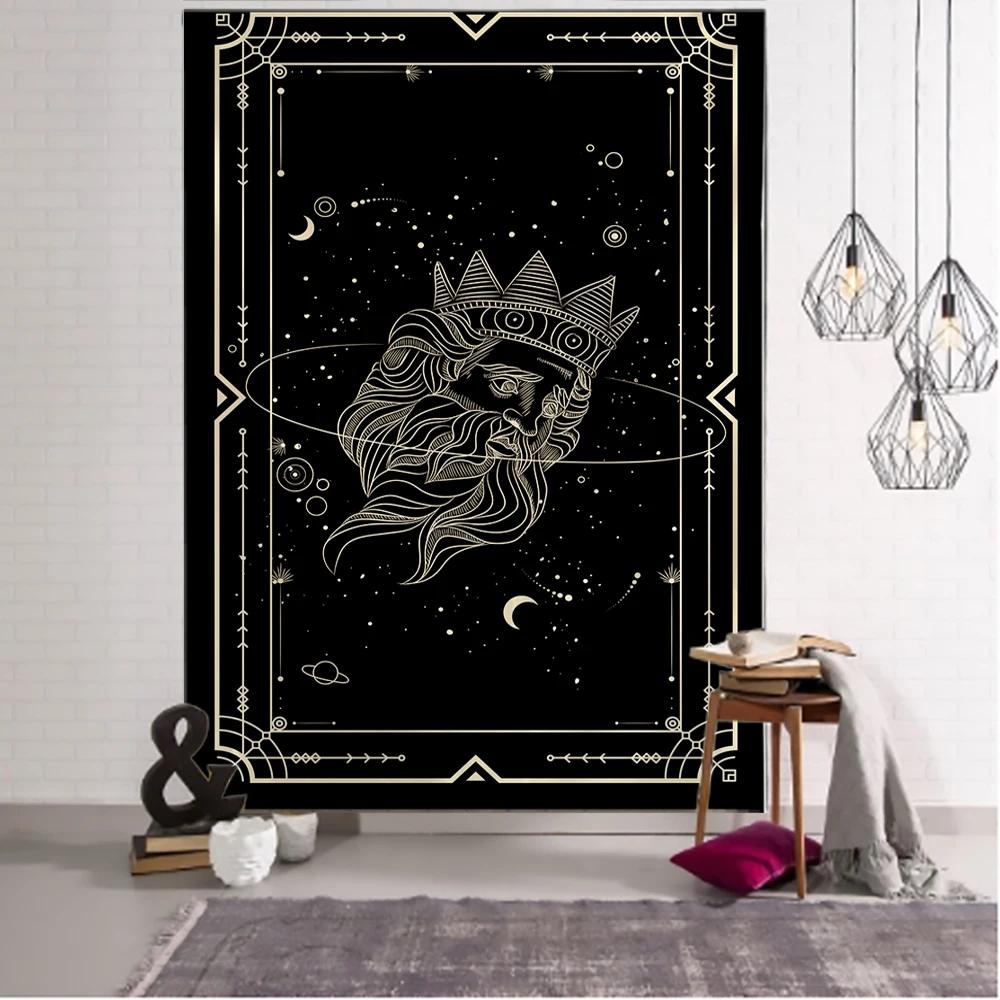 Witchcraft Tarot Tapestry Wall Hanging Black Khaki Sun Moon Starry Universe Geometric Pattern Dormitory Home Decoration Curtains