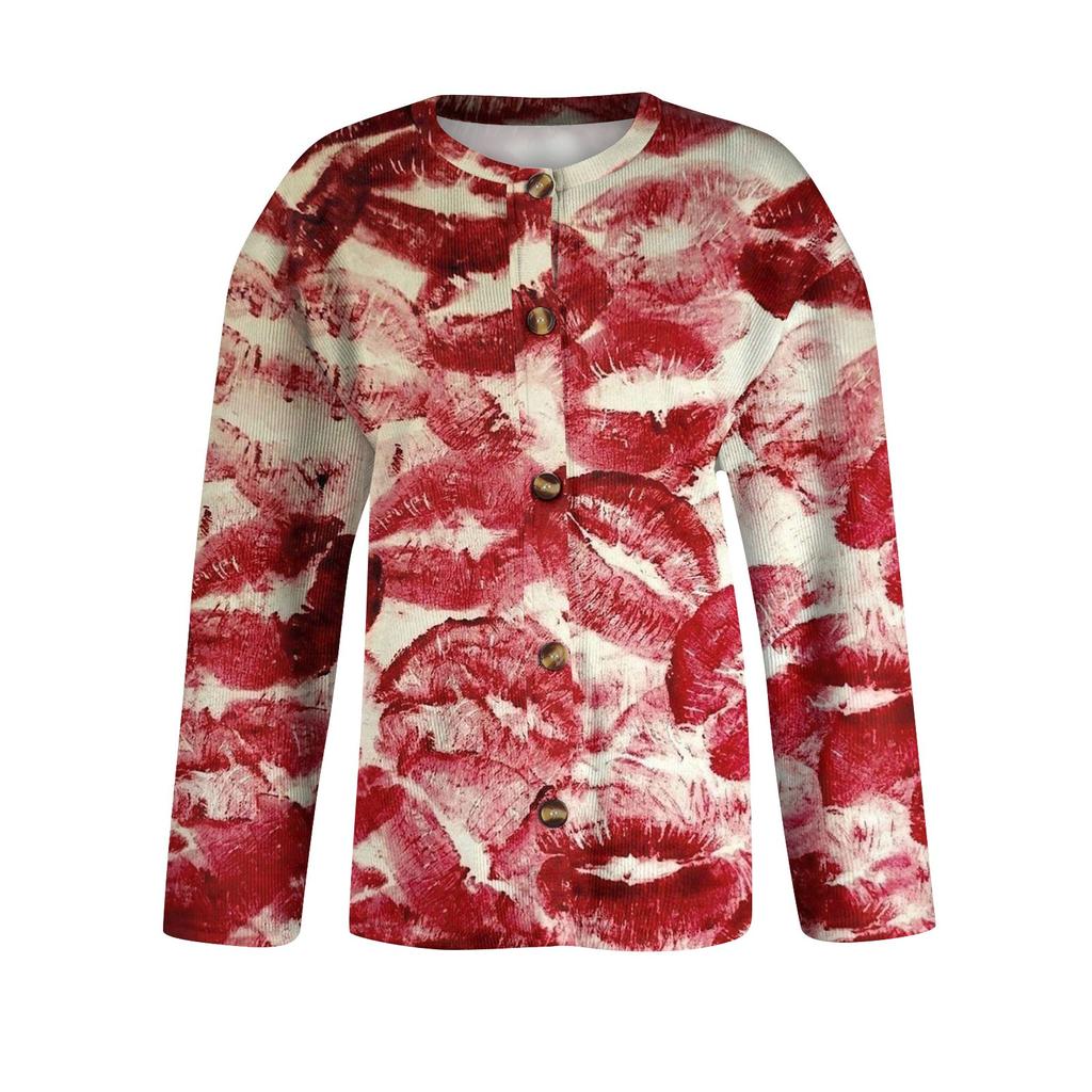 Cardigan Giacca Bottoni Top Manica Lunga Stampato Moda Casual Donna