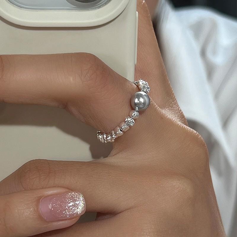 Pearl Beaded Ring Women's Elastic Rope Literary Stacking Index Finger Ring High-end Handmade Ring Jewelry