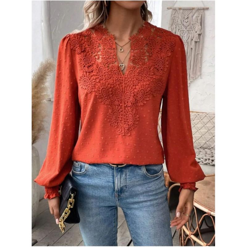 Dámská ležérní košile s dlouhým rukávem a výstřihem do V, s krajkovou vsadkou, jednobarevný elegantní top