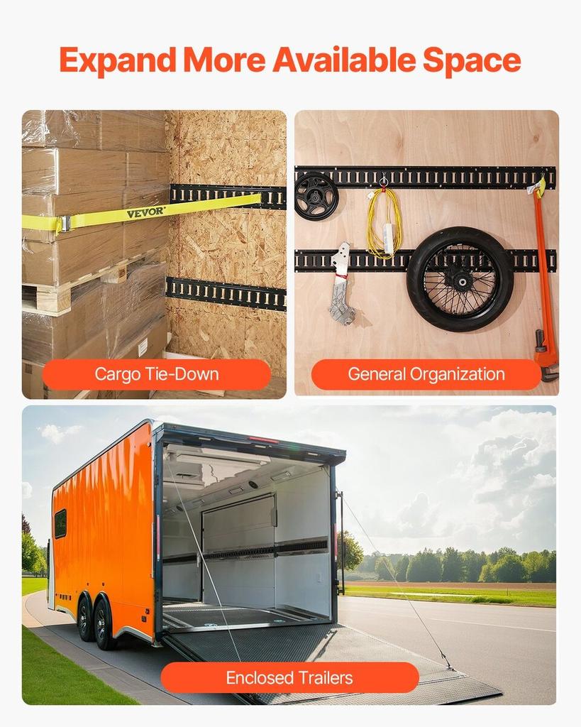 Kit de rail d'arrimage E Track, Ensemble de 30 pièces de 5 pieds de rails E comprenant 4 rails en acier et 2 fentes simples et 8 anneaux en O et 8 sangles d'arrimage avec anneau en D et 8 embouts, Sécurisation