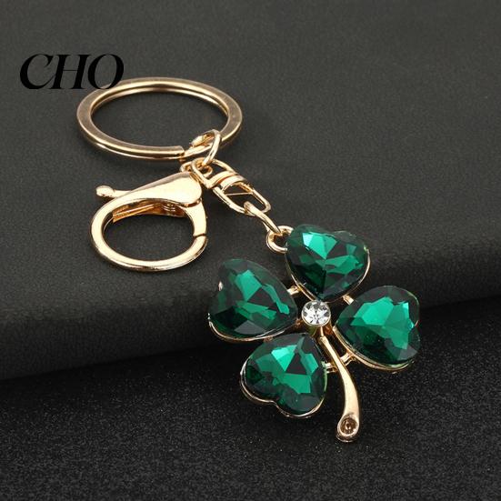 Blue Rhinestone Keychain Pendant Sparkling Rhinestones Four-Leaf Clover Design Key Chain with Lobster Clasp Easy To Hang Holder Backpack Car Accessory
