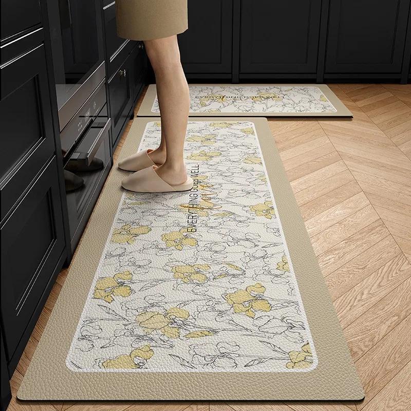 PVC Kitchen Floor Mat Leather Waterproof Non-slip Foot Mats Long Carpet Flower Plant Flowers Pastoral Style Home Decoration Rug