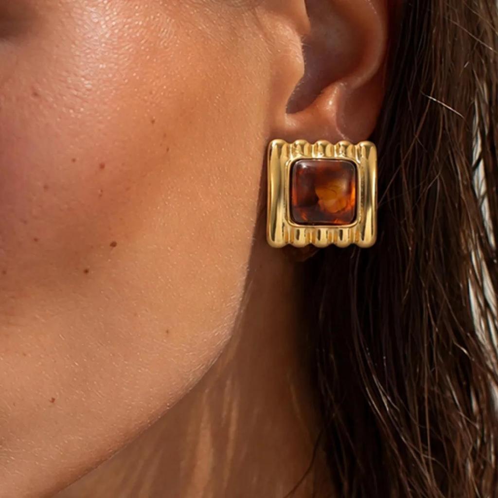 New 7 Colors Luxury Gold Plated Stainless Steel Stud Earrings for Women Vintage Acrylic Resin Square Earrings Boho Jewelry