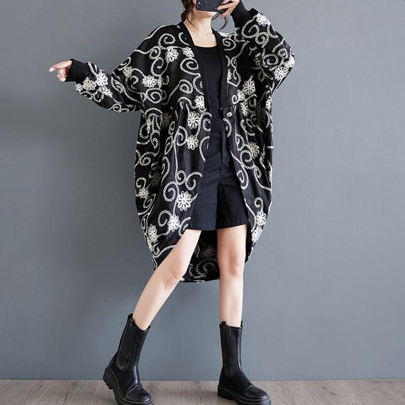 Jacquard Plus Size Schwarz Vintage Casual Loose Long Trenchcoat für Herbst Frühling Damen Kleidung Oberbekleidung