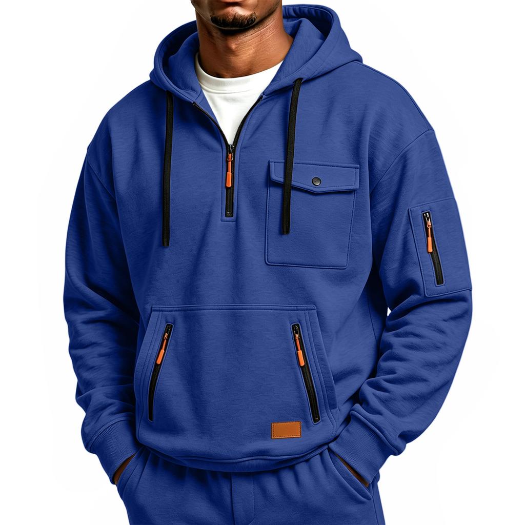 Sudadera con capucha y cremallera de manga larga informal para hombre con múltiples bolsillos
