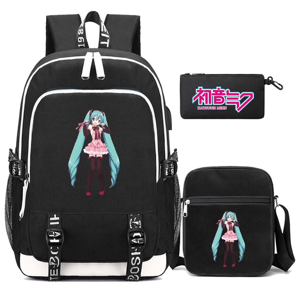 3 Stück/Set Anime Cartoon Hatsune Miku Bedruckter Rucksack Große Kapazität Wasserdichte Schultasche Schüler Junge Mädchen Schultasche Outdoor Laptop Reisetasche Geschenk