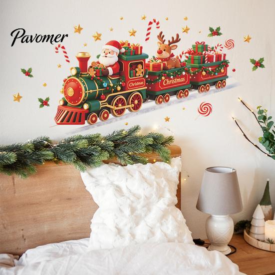 Kids Room Christmas Ornament Train Wall Sticker, Santa Claus Reindeer Decals, Self Adhesive Waterproof Glass Stickers Murals, Removable PVC Art Decor