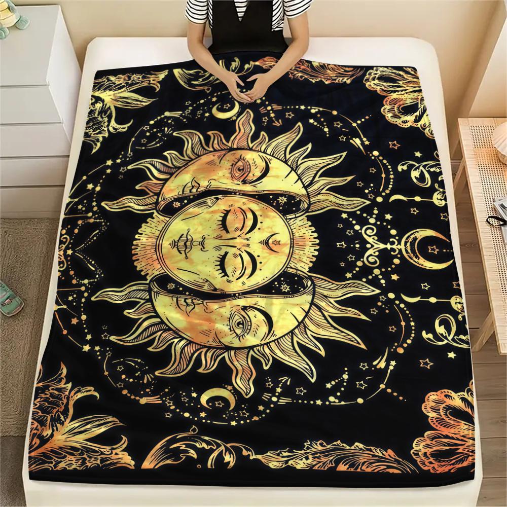 1PC Sun and Moon Print Flannel Blanket, High quality All Seasons, Home Decor, Warmth and Comfort, Perfect for Christmas Gifts