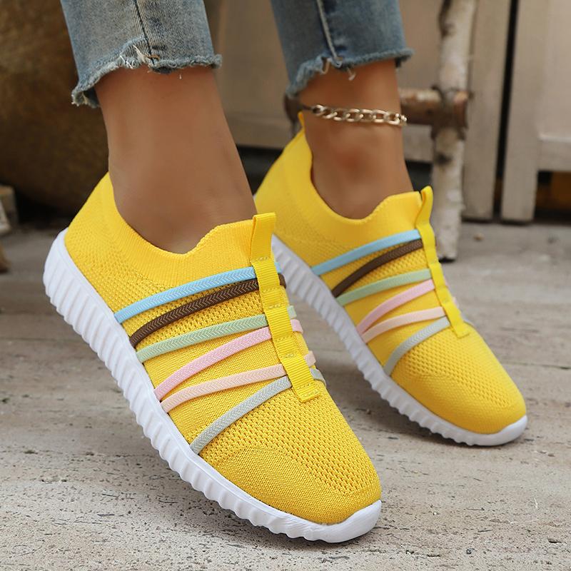 Fashion Color Band Breathable Mesh Flats Women 2025 Plus Size 36-43 Soft Sole Casual Sneakers Woman Slip On Thick Sole Walking Shoes