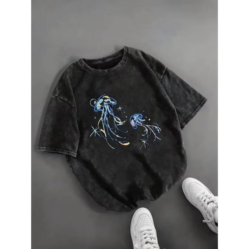 Vintage Washed Jellyfish Print T-Shirt Watercolor Ocean Marine Design Women's Short Sleeve Tee for Summer