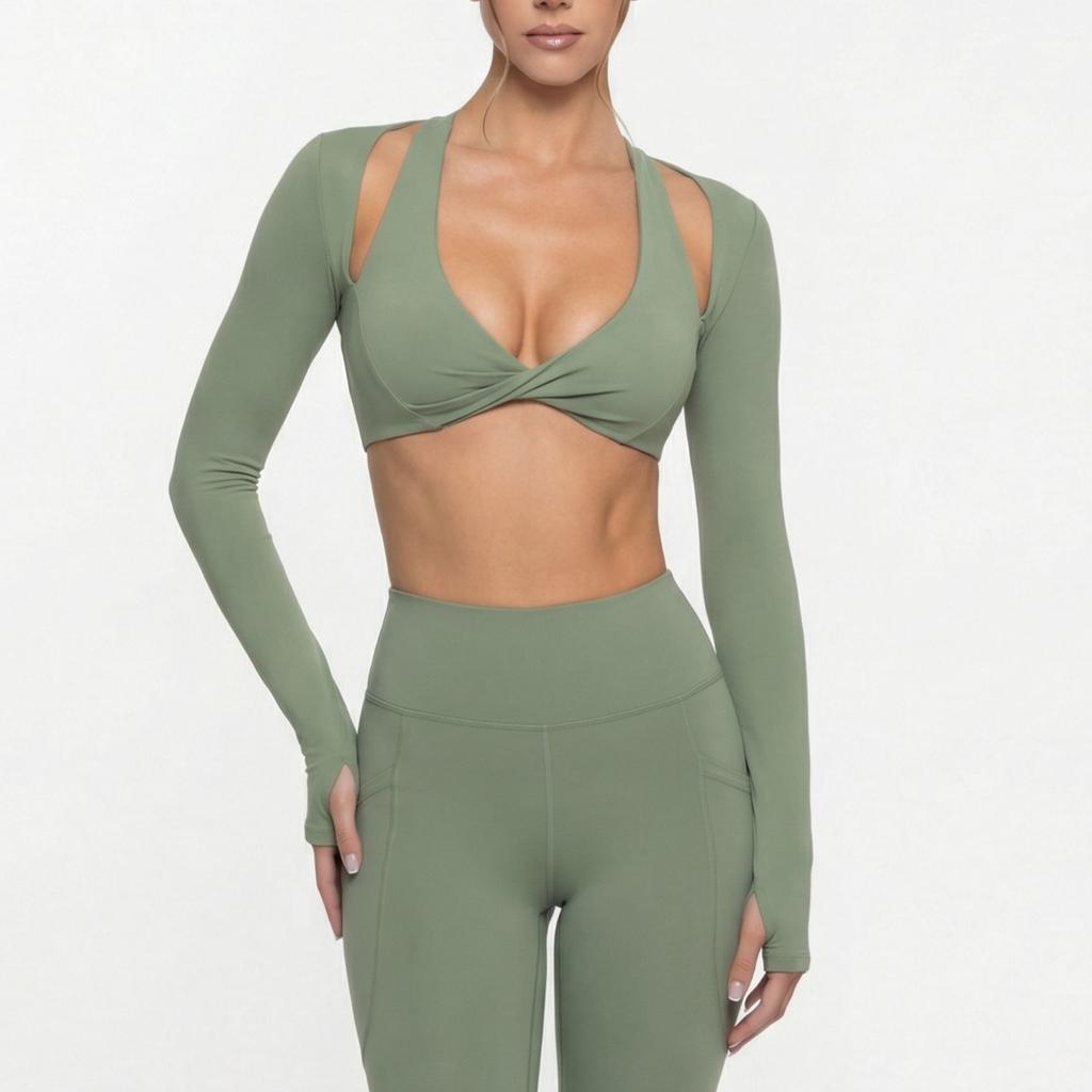JYL Slim Padded Fake Two Piece Top Naked Running Yoga Set