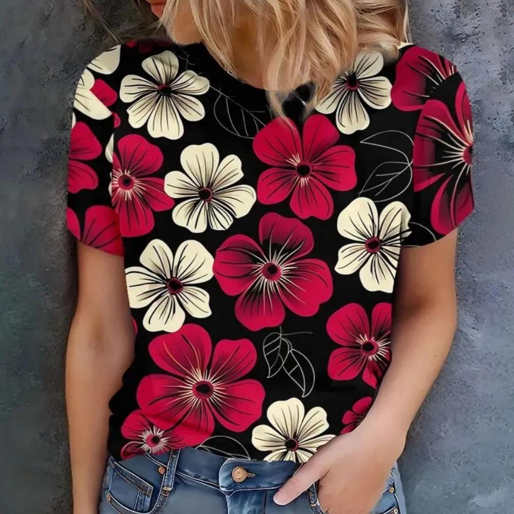 Летняя Мода Персонализированная Повседневная Удобная Футболка с Коротким Рукавом Цветы Женская Свободная Футболка 6XL красный