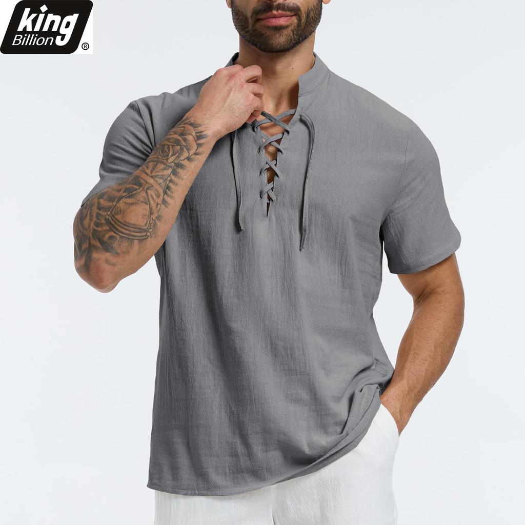 Summer Retro Men's Lace-up Neck Shirt - Cotton Linen Blend Breathable Stylish Casual Tops Solid Color Beach & Vacation Shirts in Solid Colors