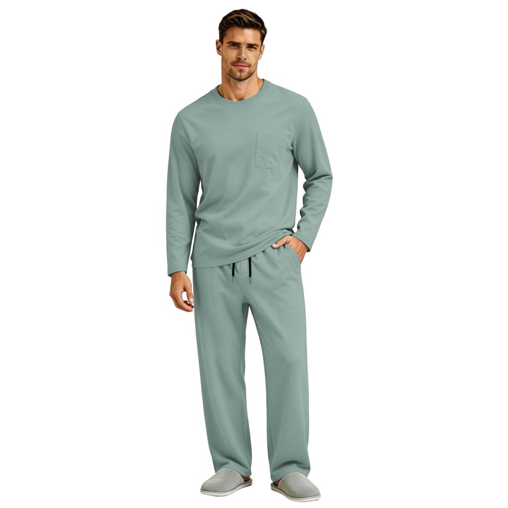 Men's Long Sleeve Pajama Set with Button Fly and Elastic Drawstring Waist for Sleep and