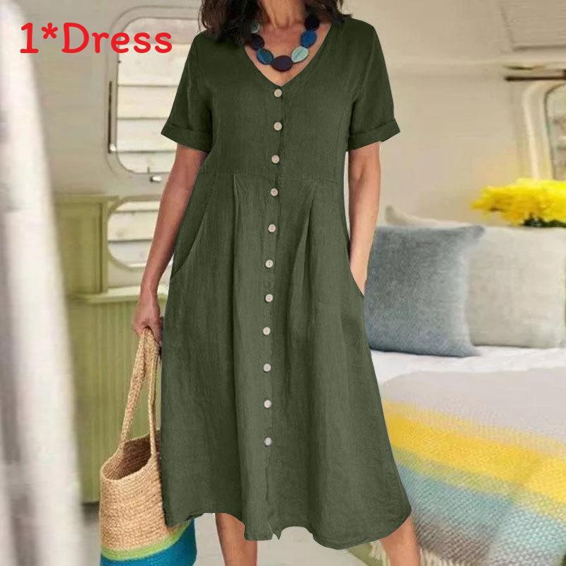 Summer Cotton Linen Dress With Pockets For Casual Streetwear Women