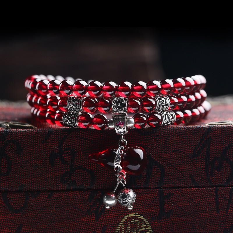 Natural Garnet Stone Bracelet Women Ethnic Style Handmade Crystal Jewelry Bohemian Three-Row Beaded Wrap