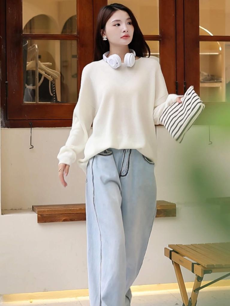 RAREWAY Ribbed Knit Round Long Merino Seamless Knit Women's Fall/Winter Sweater, Neck, Sleeve, 100% Wool,