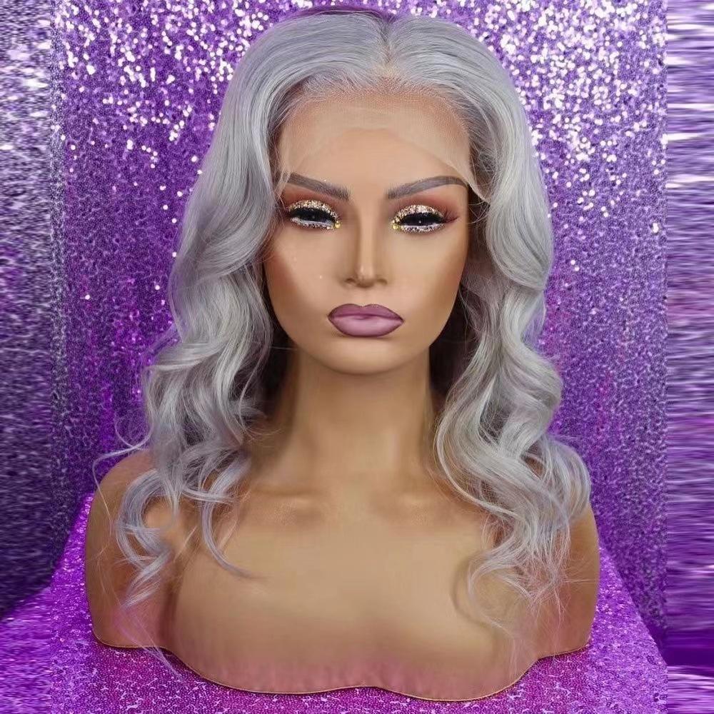 Hot-selling front lace wig women's silver gray medium long curly hair lace wig cover in stock