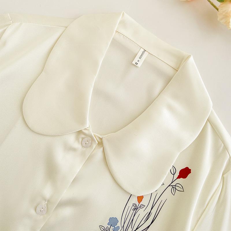 Set Pigiama da Donna 2 Pezzi Primavera Estate Stampa Floreale Indumenti da Notte Manica Lunga Pantaloni Tute Dolce Ampio Raso Abbigliamento da Casa Loungewear