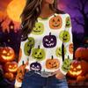 Women's Long Sleeve Round Neck Top with Halloween Print and Side Slit Hem for Casual Wear