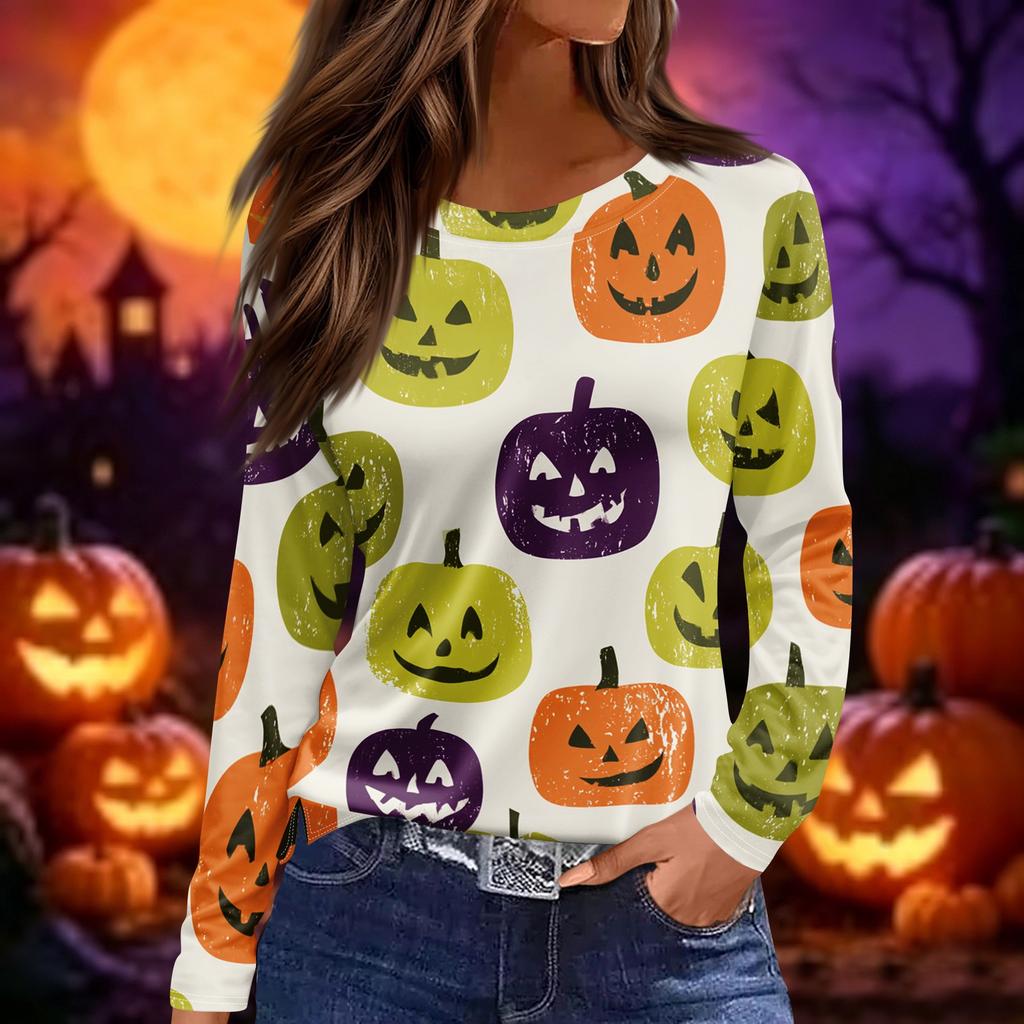 Women's Long Sleeve Round Neck Top with Halloween Print and Side Slit Hem for Casual Wear