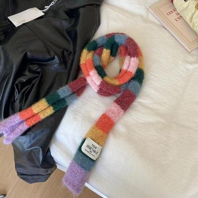 Knitted Wool Sausage Thin Scarf With Warm Color Splicing Contrast Long Narrow Scarves  Winter