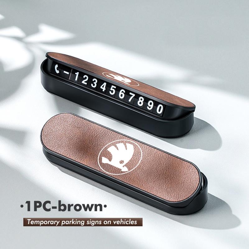 OENU7 Suede Leather Car Temporary Parking Card Phone Number Plate For Skoda Kamiq Karoq Octavia 2 3 Rapid Scala Kami Fabia VII VRS