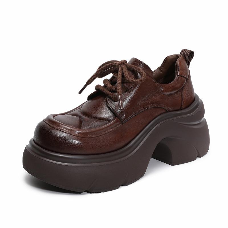 Женские кожаные туфли на высоком каблуке с круглым носом и толстой подошвой - Модные новые осенние женские кожаные туфли Однотонные туфли 40 коричневый 7530₽