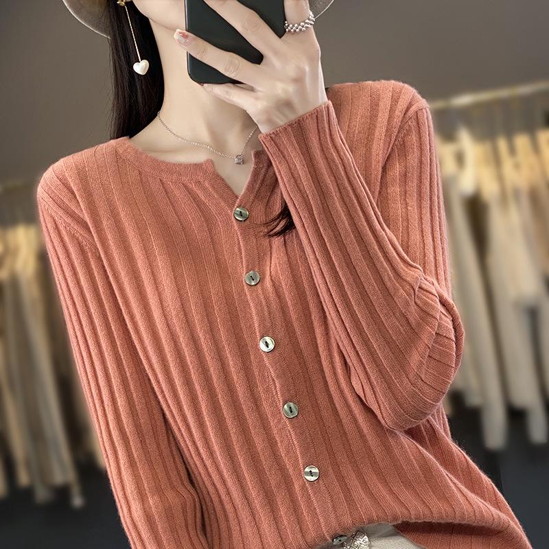 Women's Ribbed V-Neck Knitted Cardigan - Loose Thin Plus Size Sweater Coat
