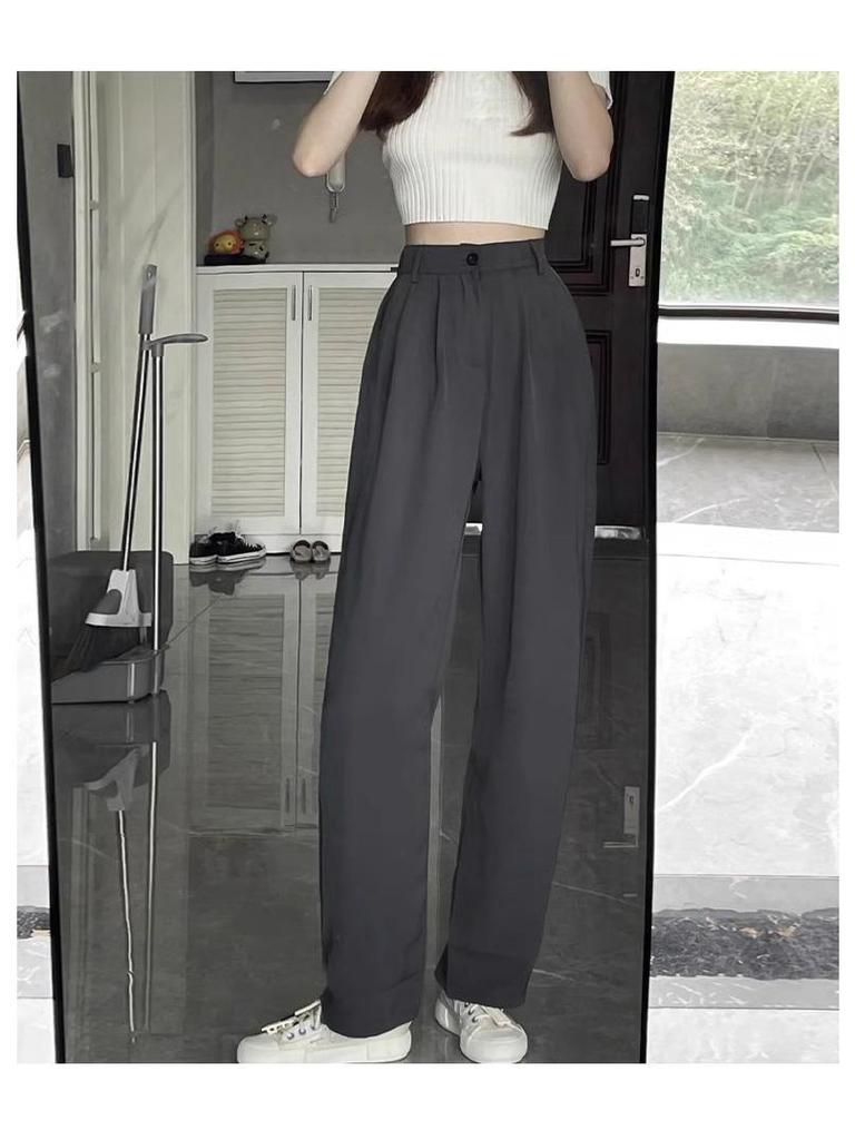 Women's 2024 High-Waist Black Wide-Leg Drape Suit Pants - Slim, Casual, Straight Fit for Spring