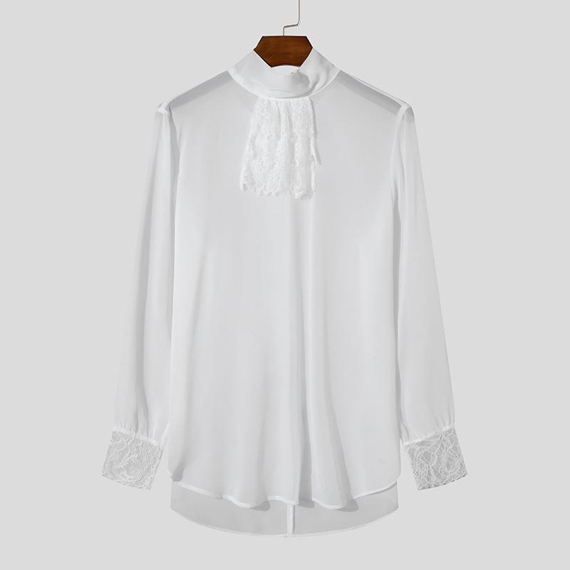 

INCERUN Men Lace Ruffled Neck Long Sleeve See Through Shirts Tops 2XL