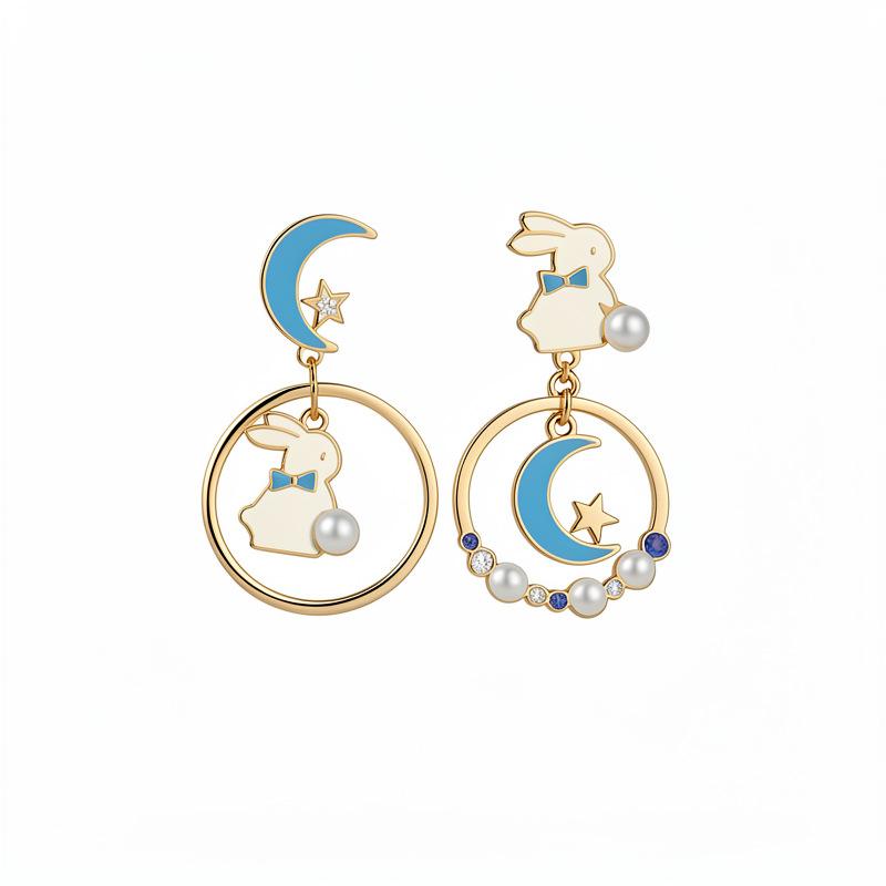 Silver needle dripping oil pearl moon rabbit pendant earrings retro court temperament earrings light luxury high-end earrings