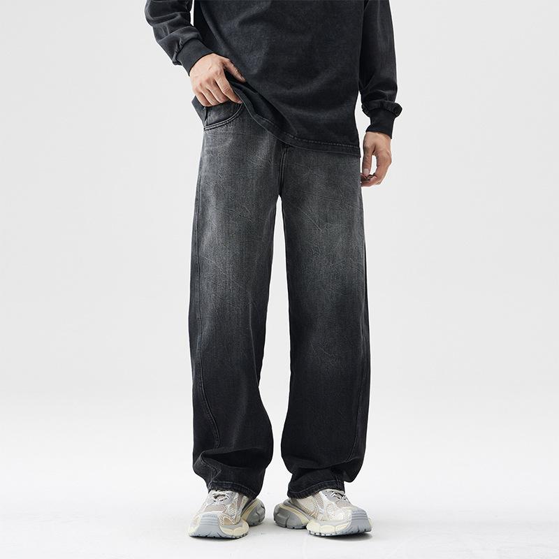 American black high street gradual change jeans men's autumn and winter tide brand loose washed straight pants old scimitar wide leg pants