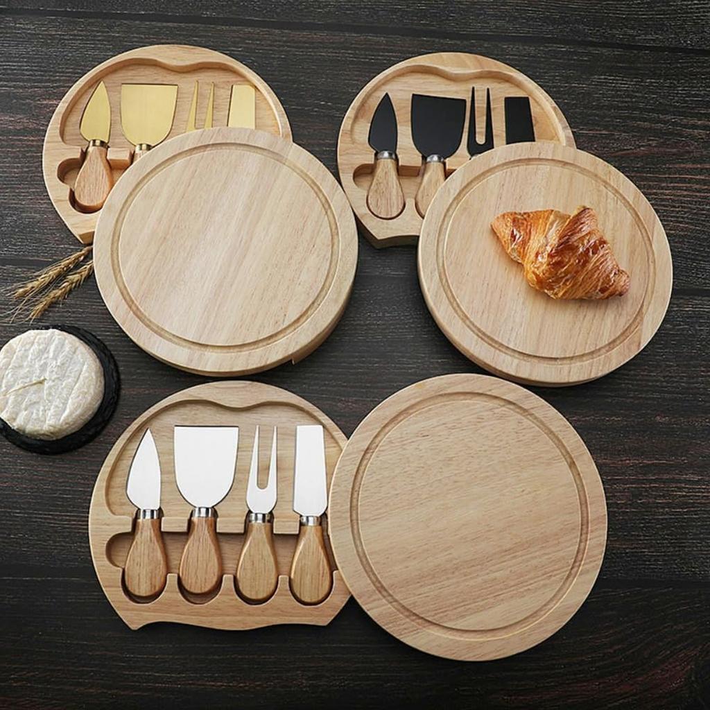 Cheese Board Set Rubberwood Platter Cheeseboard Kit Charcuterie Board Set with 4 Pcs Stainless Steel Cutting Tools