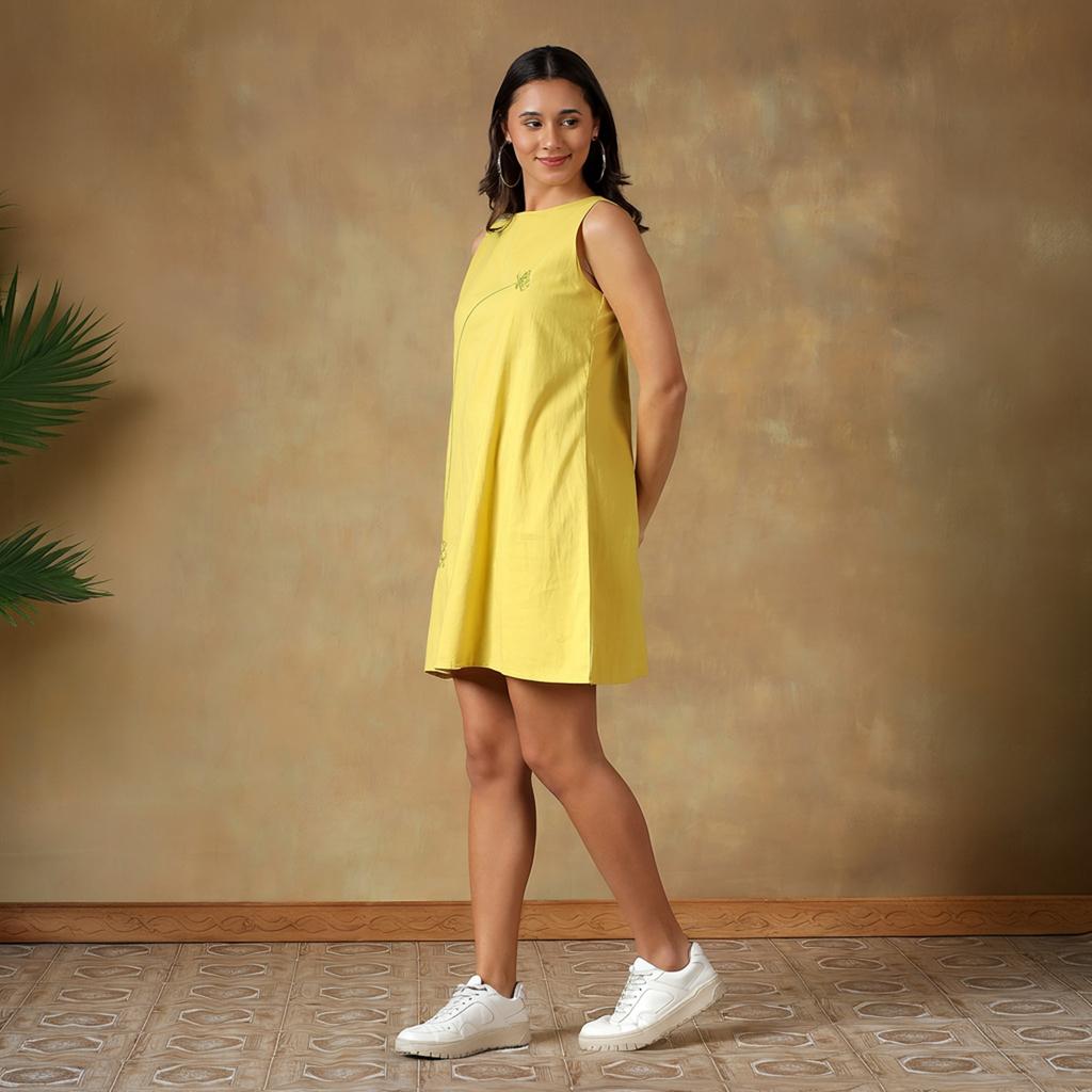 Women Yellow Cotton Sleeveless Racerback Dress Casual Loose Fit Summer Mini Dress for Travel Vacation Daily Wear