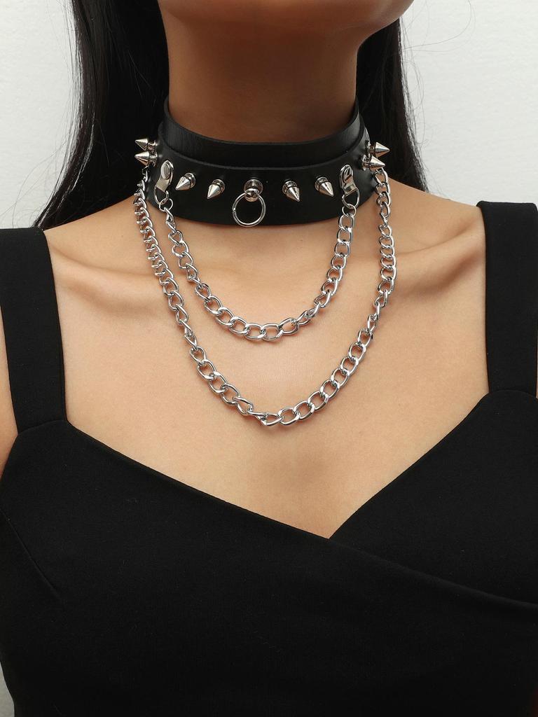 Punk Gothic Spike O-Ring Leather Choker & Metal Clavicle Chain