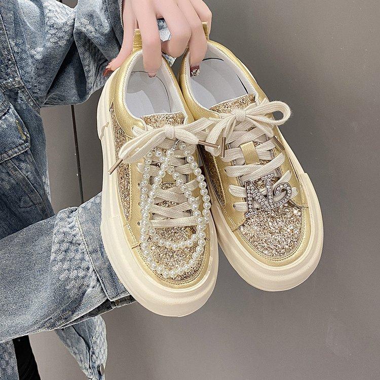 

Повседневные туфли с горным хрусталем женские 2025 новые на толстой подошве с блестящими бриллиантами старые грязные туфли повседневная спортивная обувь детская обувь универсальная 40 шампанского