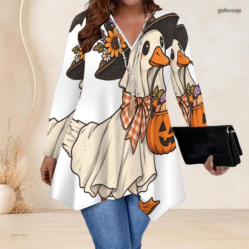 Women Plus Size V Neck Long Sleeve Halloween Ghost Pumpkin Printed Asymmetric Hem Tunic Top