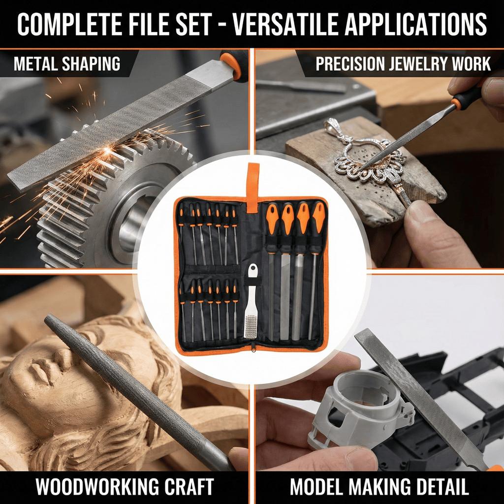 Heavy-Duty Carbon Steel File Kits | Flat, Triangular, Semi-Circular, Large Round, and Precision Needle Files with Wire Brushes