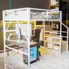 Iron loft bed 140*200, suitable for children and teenagers, versatile, with app-controlled LED light strips, stairs with storage, open wardrobe, white