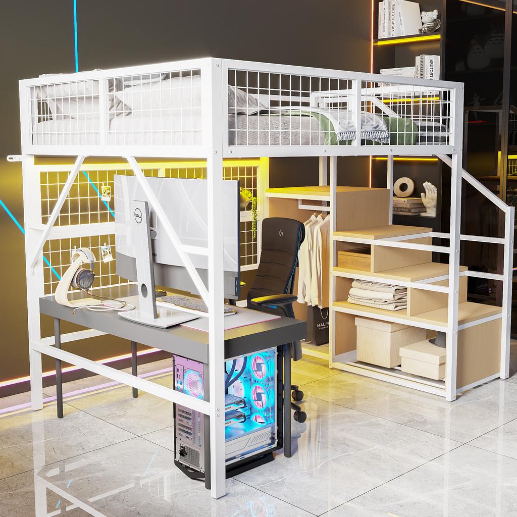 Iron loft bed 140*200, suitable for children and teenagers, versatile, with app-controlled LED light strips, stairs with storage, open wardrobe, white
