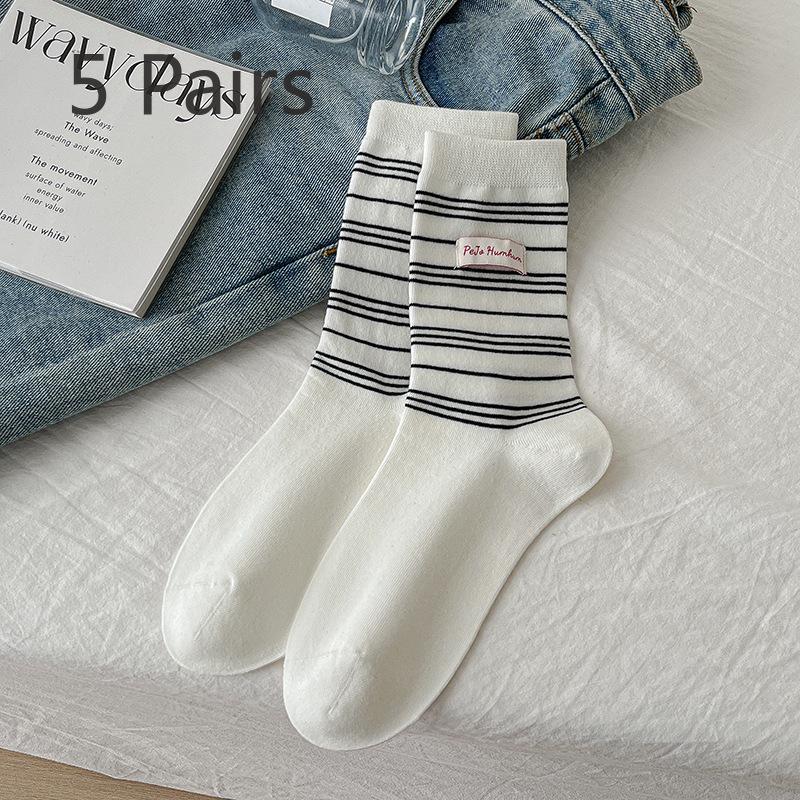 5 Pairs of Women's Casual Versatile Fabric Pinstripe Preppy Sports Tube Stack Socks